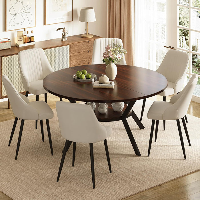 Dark Wood Grain Table / Cream Velvet Chairs / Set of 6