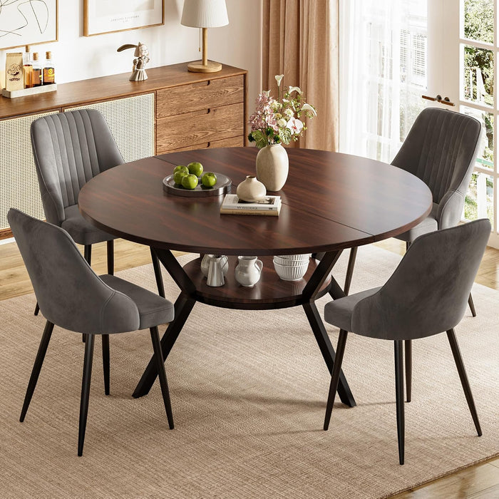 Dark Wood Grain Table / Grey Velvet Chairs / Set of 4
