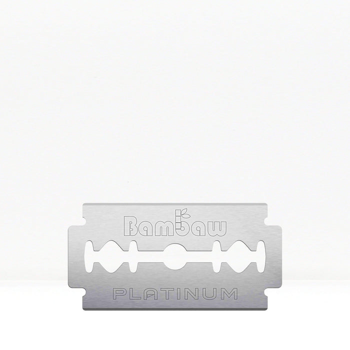 A single safety razor blade with platinum coating, with the brand name 'Bambaw' visible on it.