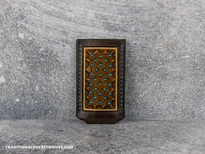 Sage Grouse Leather: Leather Knife Slip Small "Turquoise Dots Chocolate/Rust"