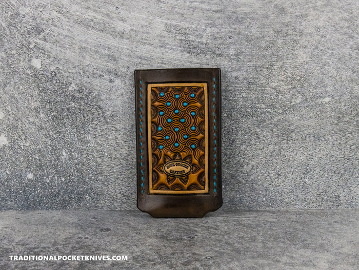 Sage Grouse Leather: Leather Knife Slip Small "Turquoise Dots Chocolate/Rust"