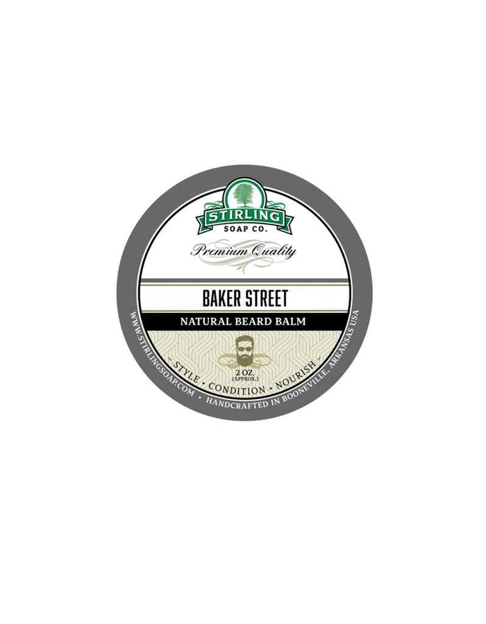 Stirling Soap Co. Baker Street Beard Balm label with logo and beard illustration