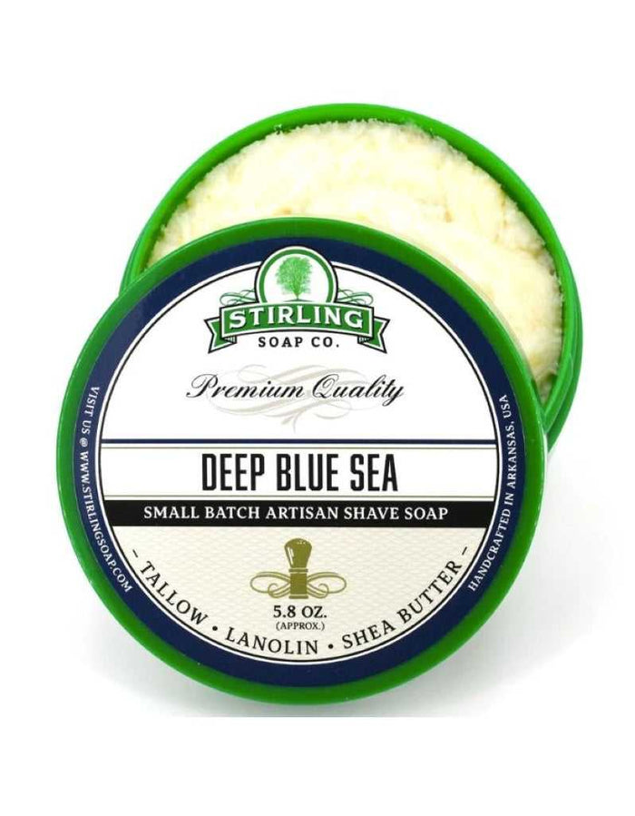 Stirling Deep Blue Sea Shave Soap tin with lid open