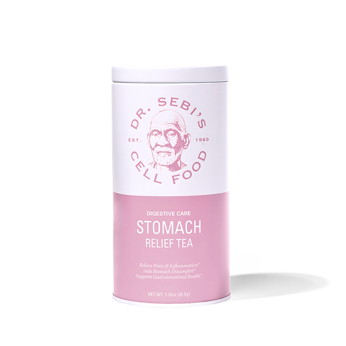 Dr. Sebi's Digestive Care Stomach Relief Tea in pink cylindrical packaging with net weight 1.32oz displayed against white ...