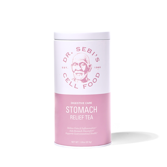 Dr. Sebi's Digestive Care Stomach Relief Tea in pink cylindrical packaging with net weight 1.32oz displayed against white ...