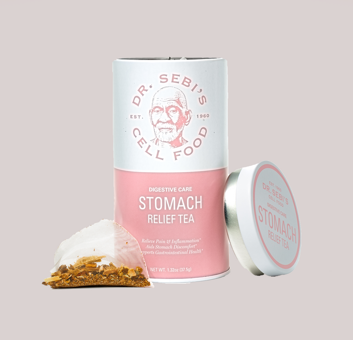 Dr. Sebi's Stomach Relief Tea packaging with loose herbal tea bag displayed against a neutral background.