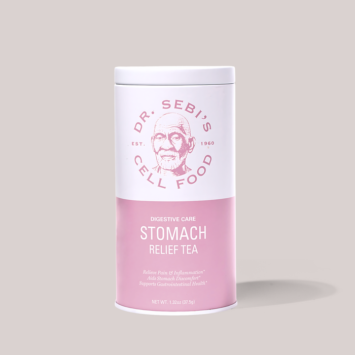 Dr. Sebi's Digestive Care Stomach Relief Tea in pink cylindrical packaging against a neutral background.