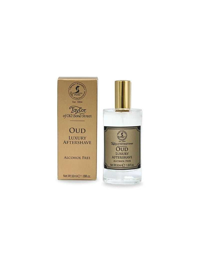 Taylor of Old Bond Street Oud Aftershave Lotion box and bottle, luxury alcohol-free aftershave with gold cap