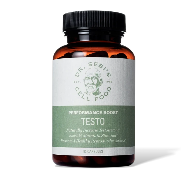 Dr. Sebi's Performance Boost Testo supplement bottle with 90 capsules for natural testosterone support.