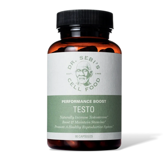 Dr. Sebi's Performance Boost Testo supplement bottle with 90 capsules for natural testosterone support.