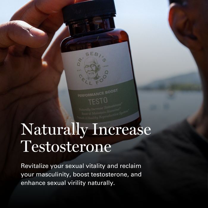Hand holding Dr. Sebi's Cell Food Testo bottle outdoors by water with performance boost messaging.