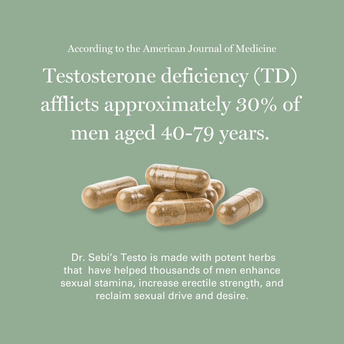 Dr. Sebi's Testo herbal supplement capsules displayed with information about testosterone deficiency in men.