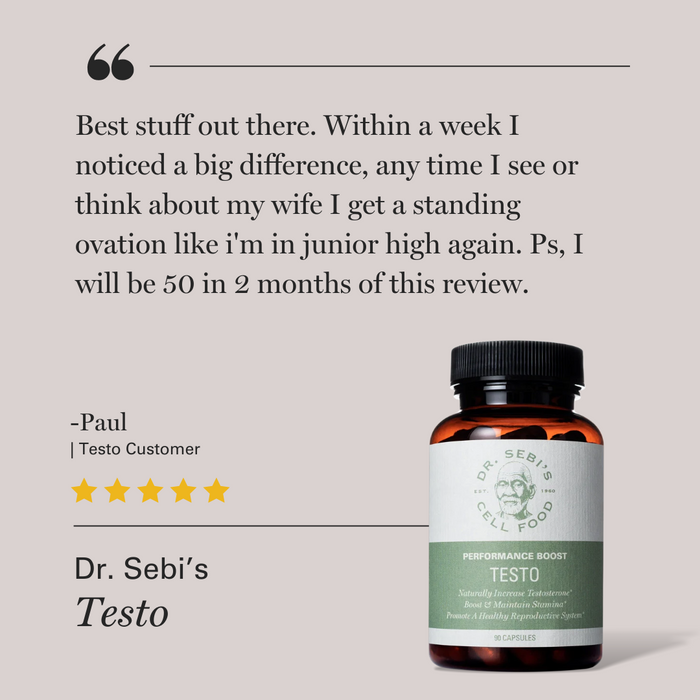 Five-star customer review for Dr. Sebi's Testo supplement highlighting performance boost benefits and increased vitality r...