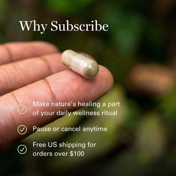 Hand holding herbal supplement capsule with "Why Subscribe" benefits listed: daily wellness, flexible cancellation, free s...