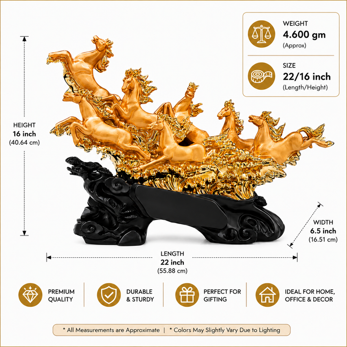 UAG Exports gold finish resin statue of seven running horses, designed for home and office decor.