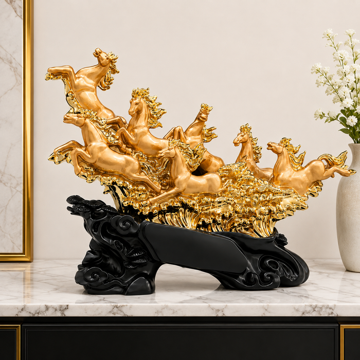 UAG Exports gold finish resin statue of seven running horses, designed for home and office decor.