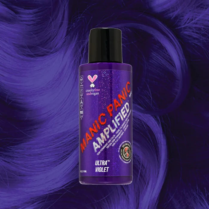 Manic Panic Amplified Ultra Violet semi-permanent hair dye on dark purple wavy hair.