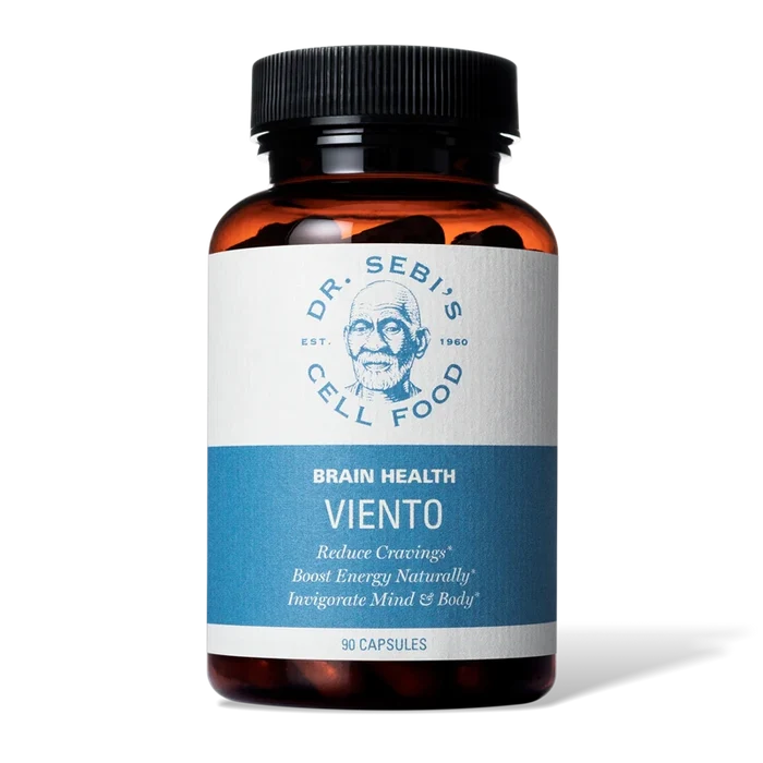 Dr. Sebi's Brain Health Viento supplement bottle with 90 capsules for reducing cravings and boosting natural energy.