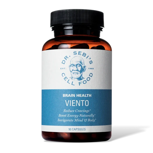 Dr. Sebi's Brain Health Viento supplement bottle with 90 capsules for reducing cravings and boosting natural energy.