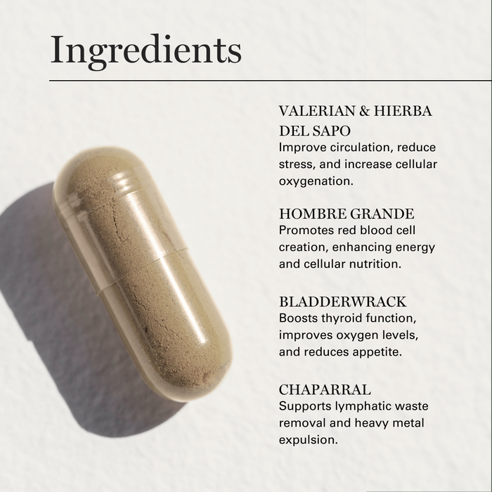 Dr. Sebi herbal supplement capsule with ingredients list including Valerian, Hombre Grande, Bladderwrack, and Chaparral.