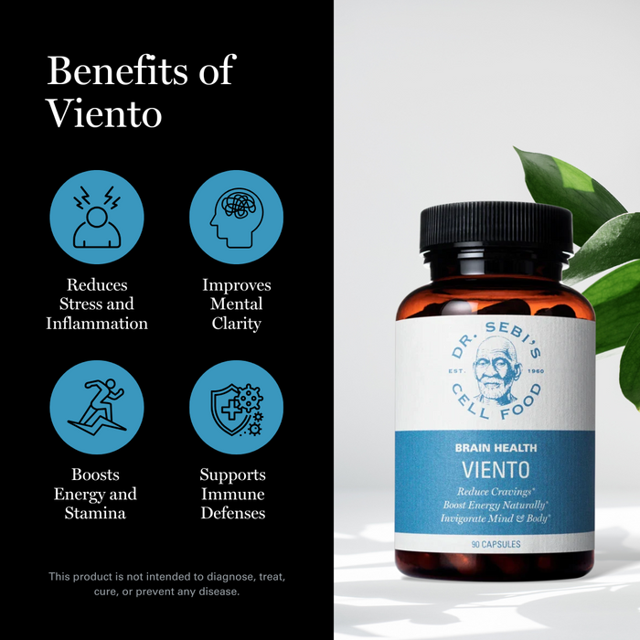 Dr. Sebi's Viento Brain Health supplement bottle with four benefits icons: reduces stress and inflammation, improves menta...