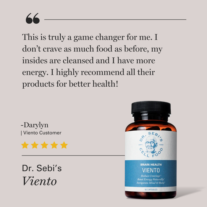 5-star customer testimonial for Dr. Sebi's Viento brain health supplement with product bottle displaying 90 capsules.