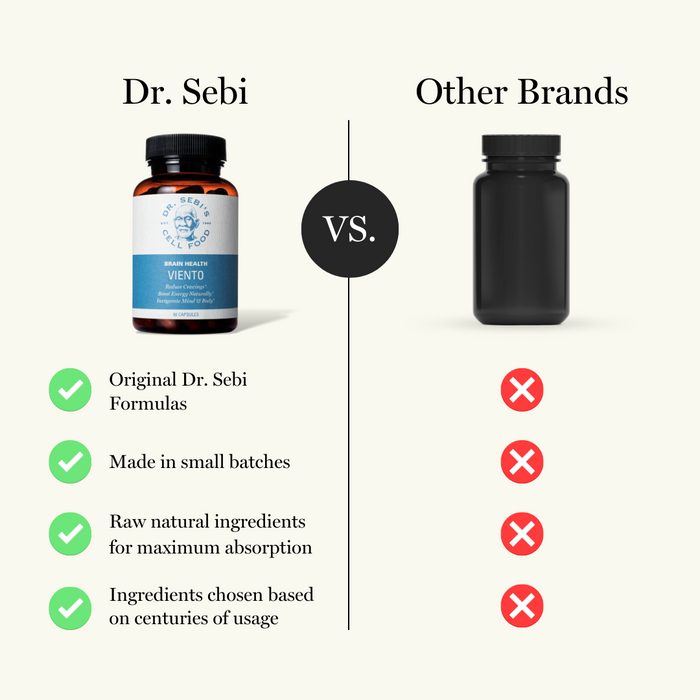 Dr. Sebi Viento brain health supplement compared to other brands, highlighting original formulas, small batch production, ...