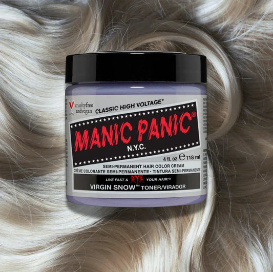 Manic Panic Classic High Voltage semi-permanent hair dye in shade Virgin Snow a vibrant, vegan hair color. Image shows a jar of Virgin Snow hair dye placed on top of a wavy platinum blonde hair swatch.