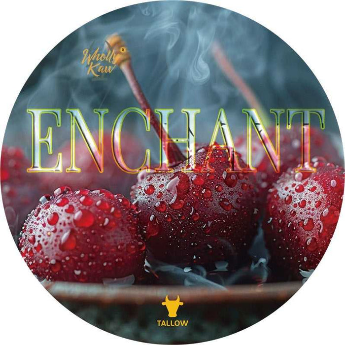 Wholly Kaw Enchant Tallow Shaving Soap label with cherries and smoky background