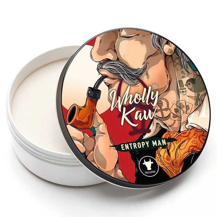 Wholly Kaw Entropy Man Tallow Shaving Soap tin with illustrated man smoking pipe