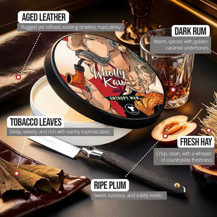 Close-up of Wholly Kaw Entropy Man Shaving Soap with labeled ingredients and decorative background
