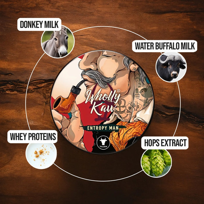 Wholly Kaw Entropy Man Tallow Shaving Soap tin with illustrated man and ingredient icons