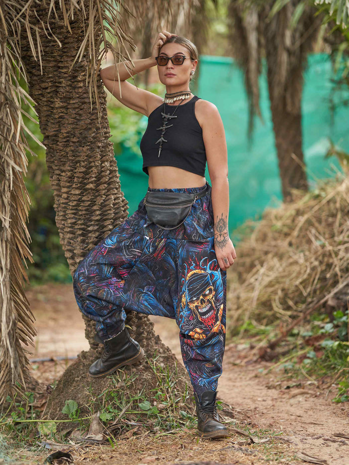 Buy Women's Scary Skull Print Baggy Balloon Aladdin Harem Pants For Dance Travel Yoga