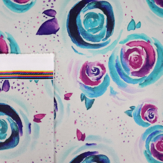 This printed WPC has a watercolor rose design in shades of blue, purple, and pink.