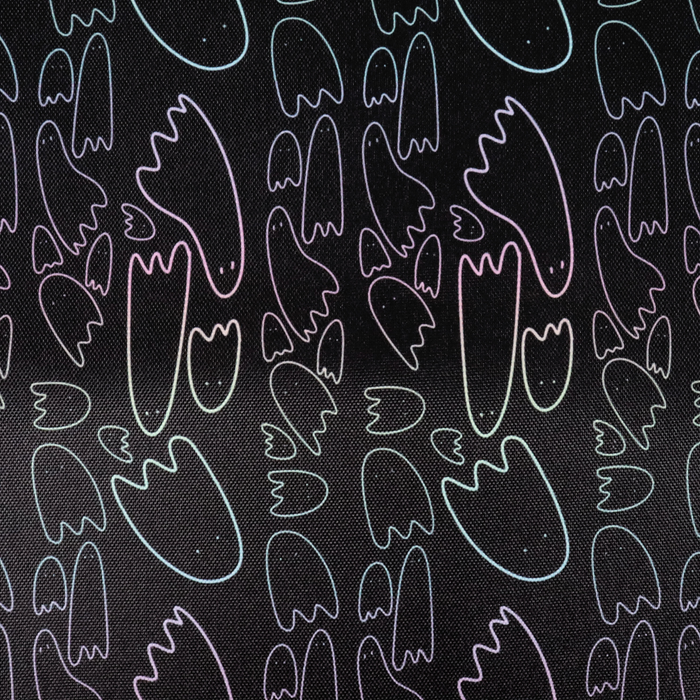 This printed WPC has pastel rainbow ghost outlines in different sizes on a black background.